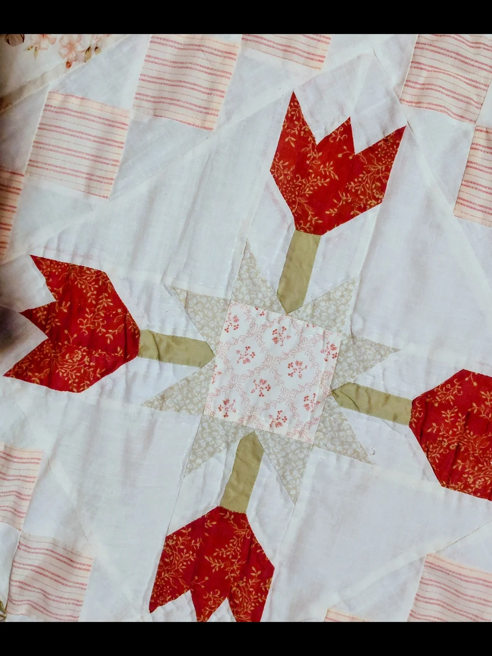 Floral Patchwork Quilted Bedspread in Cream and Rust Tulip